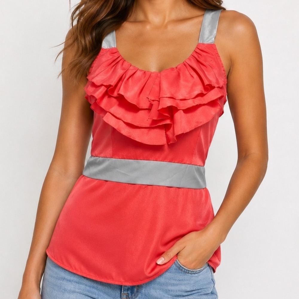 Vanity Ruffle Babydoll Tank Top L Coral Pink Silver Grey Tie Back Sleeveless Y2K